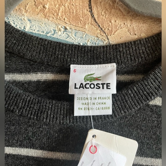 NWT Lacoste Pure Wool Striped Charcoal Crewneck Pullover Sweater - Picture 2 of 13